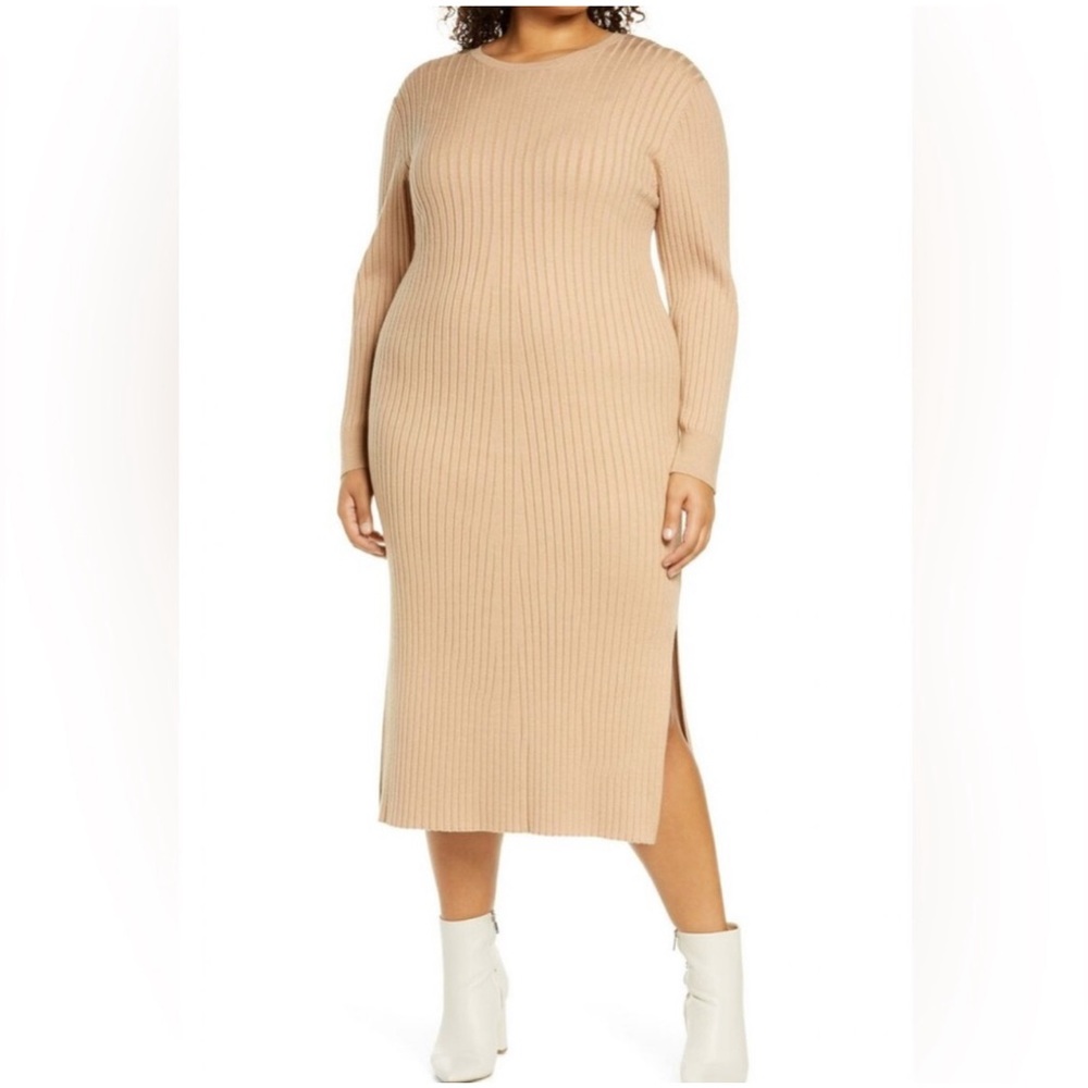 NWT WAYF Women's Sweater Dress Ribbed Tie Back Slit Midi color Camel Size L